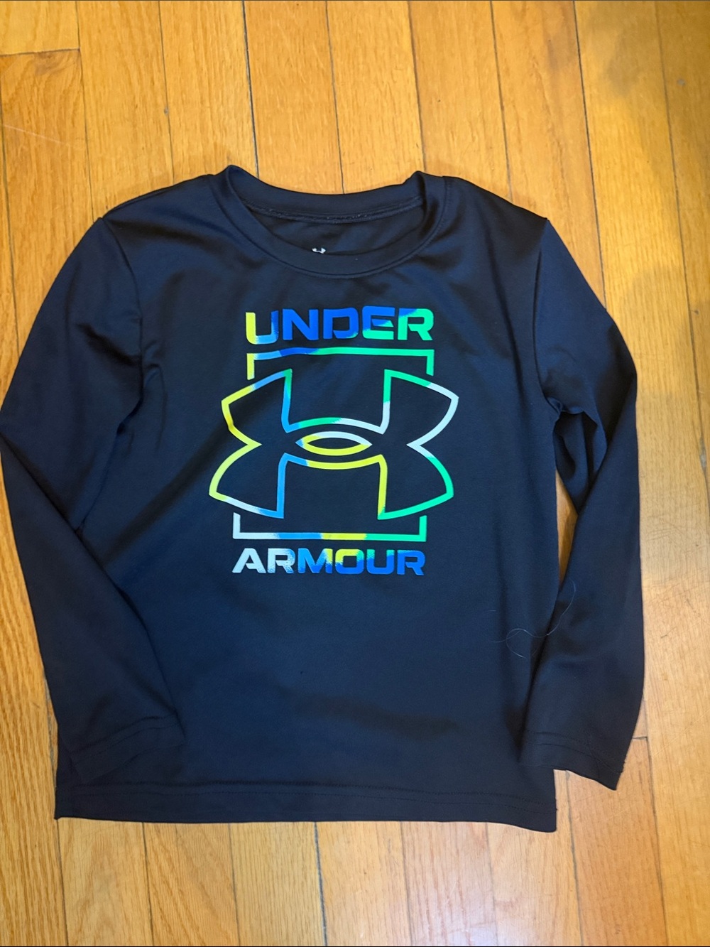 Under Armour Black Long-Sleeve Tee with Neon Green-Blue Logo